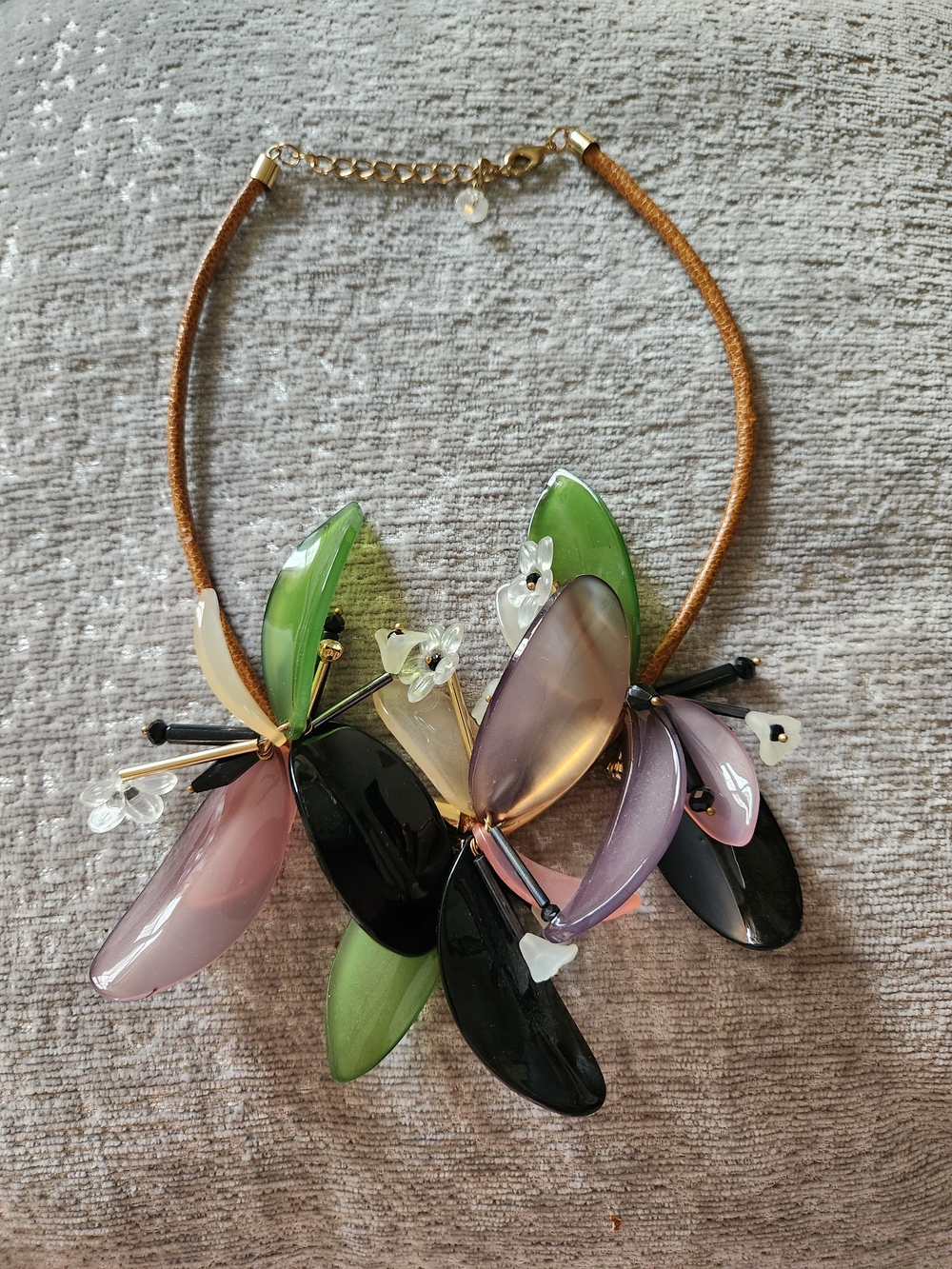 Statement Floral Resin Pendant Necklace in Green, Purple, Pink and Black